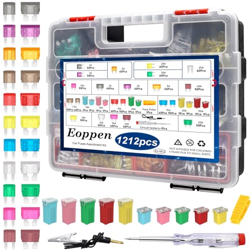 Eoppen 1212Pcs Car Fuses Assortment Kit with Fuse Puller and Circuit Tester, Standard & Mini Fuse Kit & Tall/STD Profile Box Shaped Automotive Fuse for Cars, Trucks and SUV, Boat