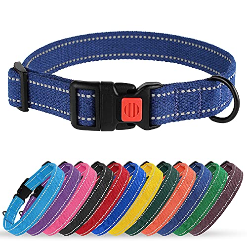 BRONZEDOG Reflective Dog Collar Basic Natural Cotton Adjustable Buckle Safety Comfort Collars for Small Medium Large Dogs Puppy Black Red Blue Orange Pink (L, Neck Fit - 14 -20 , Deep Blue)