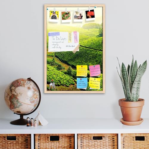 Image of ArtzFolio Tea Plantations, Munnar, Kerala | Bulletin Board Notice Pin Board | Vision Soft Board Combo with Thumb Push Pins & Sticky Notes | Natural Brown Frame | 12 x 18 inch (30 x 46 cms)