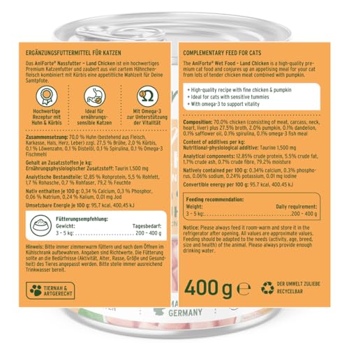 AniForte Land Chicken Nassfutter für Katzen 6 x 400 g – Natürliches Katzenfutter nass getreidefrei, viel frisches Huhn & Gemüse, Katzennassfutter getreidefrei, Futter für Katzen, Wet cat Food