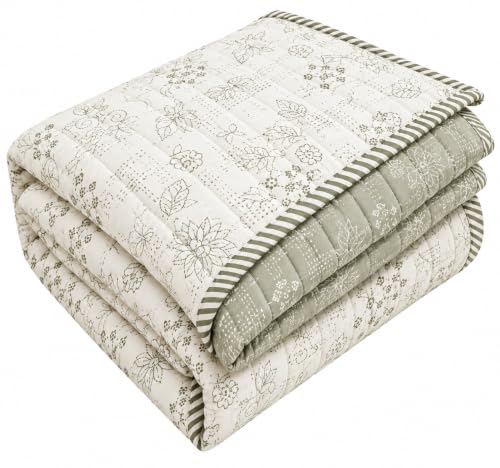 Image of RRC Floral Print Cotton Jaipuri Comforter for Single Bed | White & Green Lightweight AC Rajai | Soft Breathable 200 GSM Quilt | Summer Comforter Pack of 1