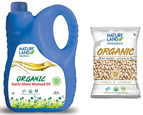 Image of Natureland Organics Mustard Oil Jar, 5 L & Natureland Organics Kabuli Chana / White Chana / Chole 500 Gm - Organic Healthy Chana