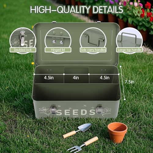 Seed Storage Organizer with Locking Lid, Metal Seed Packet Container with 4 Compartments, Includes 50 Seed Envelopes 100 Plant Labels 50 Plant Clips 1 Marker Pen, Saving Box Gift for Gardeners - Image 4