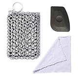 Cast Iron Skillet Cleaner, 316 Chainmail Scrubber Built-in Silicone Cast Iron Cleaner for Cast Irons Grill Pan Skillet Wok Bakeware Easy to Use Dishwasher Safe, Scrubber + Scraper + Towel (Black)
