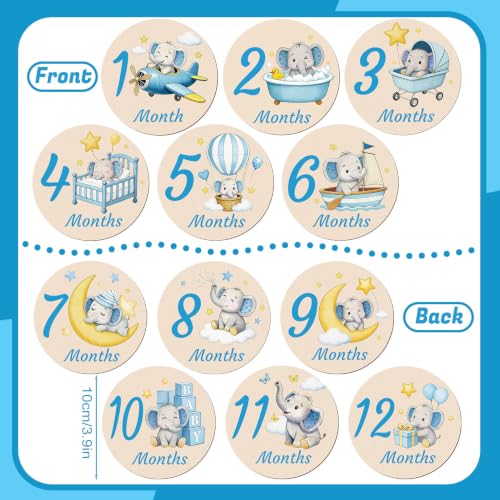 Image of Wooden Baby Monthly Milestone Cards Double Sided Baby Birth Sign Elephant | Hello World Milestone Sign Discs Pregnancy Baby Shower Gifts for Newborn Photo Props