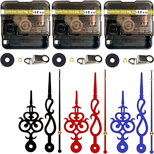Image of YOPY Combo of 3 Ajanta Mfg. Battery Operated Plastic Ticking Clock Movement Machine with Hands (Black+Red+Bule)(Desing 1)