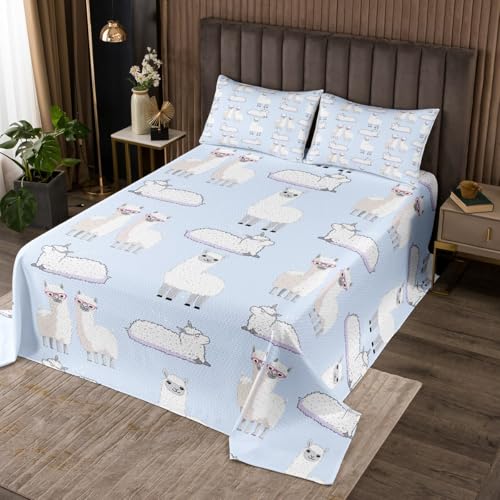 jejeloiu Boys Girls Cute Llama Quilted Coverlet Queen Size, Cactus Coverlet Set for Llama Alpaca Animal Bedspread Teens Bedroom Decor 3Pcs