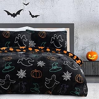 Sleepdown Halloween Spooky Ghost Black Orange Flannel Fleece Reversible Duvet Cover Quilt Bedding Set with Pillowcases Warm Soft Easy Care Bed Linen - Double (200cm x 200cm)