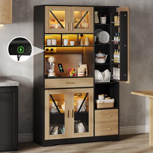 Sapgaks Buffet Salle a Manger 185 × 105 × 40 cm avec étagères réglables,tiroir,éclairage LED à Couleurs changeantes et Prises,Buffet Haut,Meuble de Cuisine (A-Noir + Naturel-1)