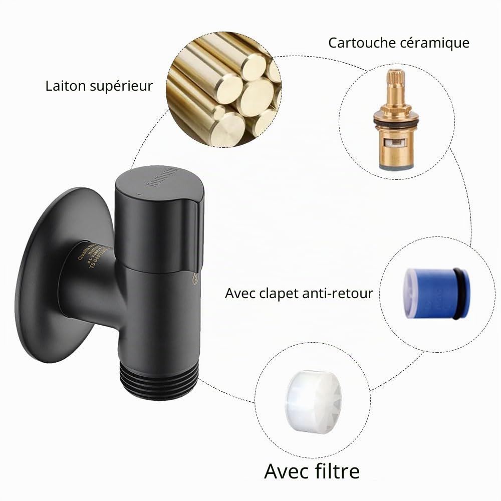 Valve d'appareil NOMONA pour lave-vaisselle, vanne d'angle murale pour lave-vaisselle, raccordement d'eau G1/2" vers G3/4" (Noir mat)