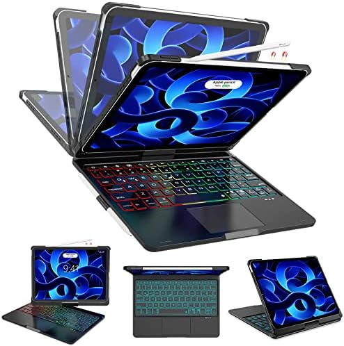 KVAGO iPad Air 5th Generation 2022 Case with Keyboard- Smart Trackpad- 7 Color Backlight- 360° Rotatable- Touchpad iPad Air 4th Generation Case with Keyboard 2020 10.9 inch with Pencil Holder, Black