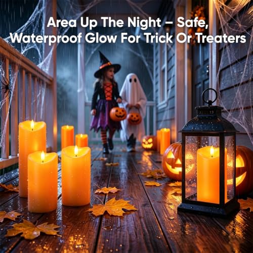 Image of Raycare 8 inchx3 inch Outdoor Waterproof Flameless Candles with Remote and Timer, Battery Operated LED Electric Fake Pillar Candle for Halloween Home Wedding Decor, Orange, Set of 2