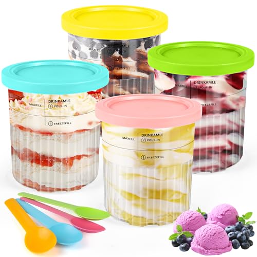 Diealles Shine Recipientes de Helado para Ninja Creami Deluxe Pints, 4 Piezas Recipiente de Helado para NC501 NC500, Contenedores de Pinta con Tapas, Apto para Lavavajillas