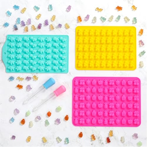 Image of Gummy Candy Molds with 2pcs Droppers, Silicone Bear Dinosaur Fruit Snack Molds, Non-stick Silicone Chocolate Molds for Gummies Candy Chocolate Baking