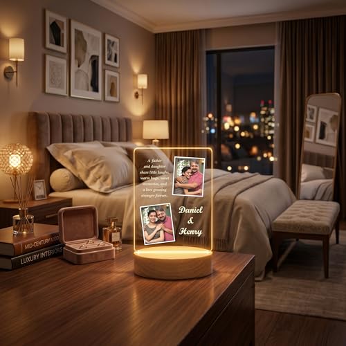 Image of Giftplease Fathers Day Personalized Rectangle Acrylic LED Frame - Custom 2 Photo Wooden Stand Tabletop Showcase For Grandpa Birthday, Dad, Stepdad, Husband Anniversary Meaningful Keepsake