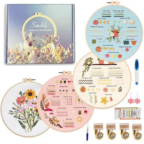 Sutesloly 4 Sets Beginner Embroidery Kits for Adults,Learn Plant Flower Simple Hand Embroidery Starting Sets with Patterns,Basic Easy Stitch Floral Mushroom Learn Embroidery Starter Practice Kit
