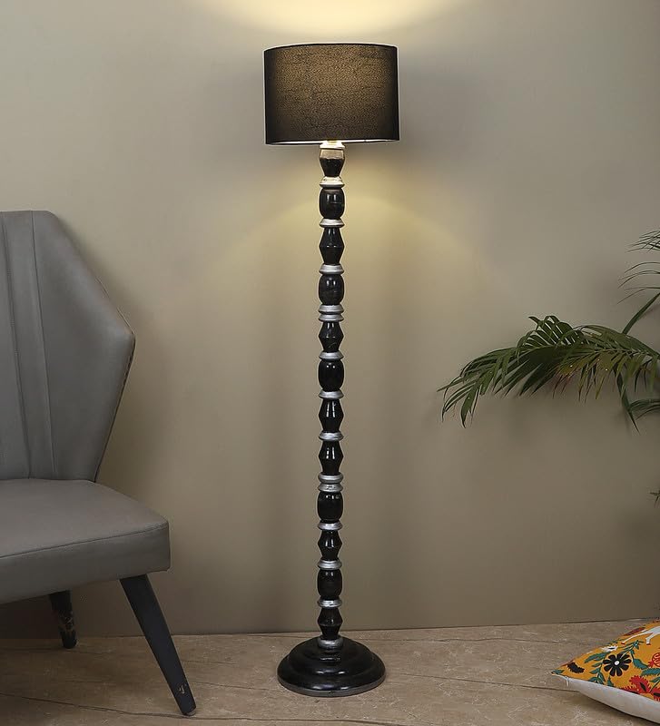 Image of tu casa Mango Wooden Floor Lamps with Black & White Base & Black Shade for Home Decor, Bedrooms Corner, Living Room, Gifting, Diwali Decoration, Hall, Office (Height: - 56 inch) - Bulb not Included