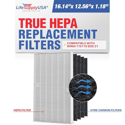 115115 HEPA Filter A Replacement + 4 Carbon Pre-Filters for C535, 5300, 5300-2, 5500, 5500-2, 6300, 6300-2, P300, AM90, C909, 9800 For Winix Air Purifier Filter Replacement Size 21 by LifeSupplyUSA