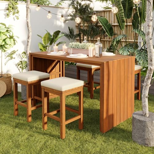 CKLMMC 5 Piece Outdoor Bar Set, Patio Acacia Wood Bar Height Table & Four Stools with Cushions, Poolside, Backyard Furniture for Stylish Entertaining