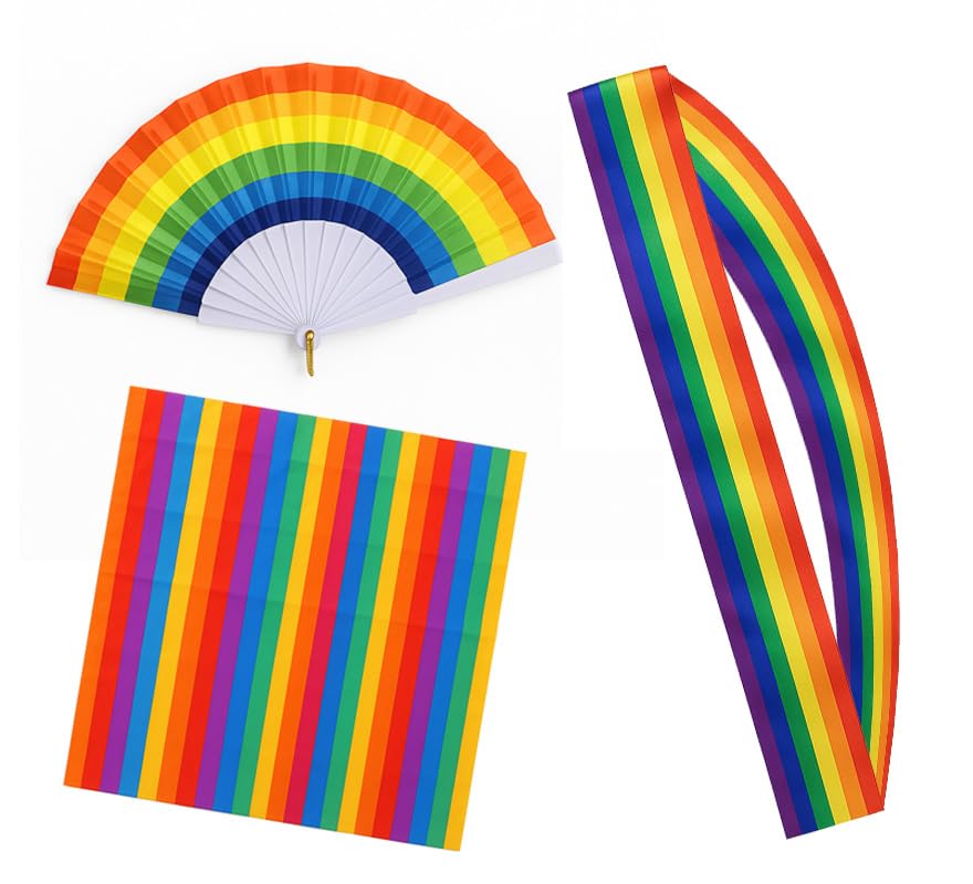 ZZ DISFRAZZES | Accesorios LGBTQ Set Pride Banda, Bandana y Abanico Multicolor para Mujer y Hombre - Kit Arcoíris Día Orgullo Gay