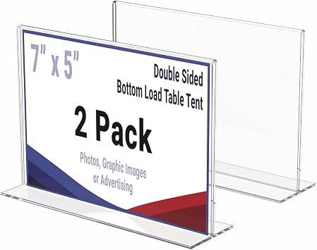 Marketing Holders 2 Pack Acrylic Sign Holder 7x5 Inches Horizontal T Shape Double Sided Clear Frames Plastic Paper Flyer Display Holder Document Menu Table Stand for Offices Stores Landscape