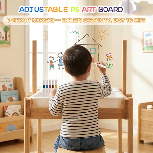 Image of Sand and Water Table for Toddlers, Wooden Activity Sensory Table | Kid Outdoor Toys with Painting PS Board, 2 Collapsible Bins, Beach Accessories, 4 Washable Paint Crayons and Waterproof Cover