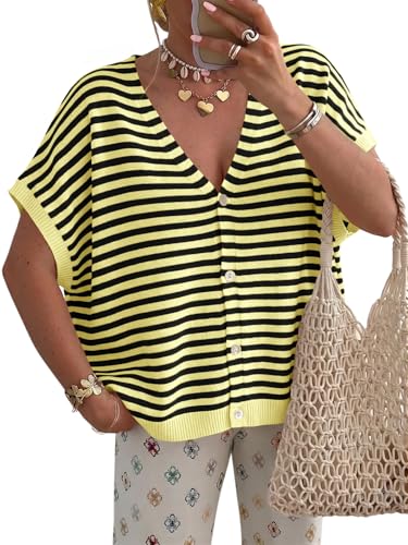 Image of Saodimallsu Womens Summer Oversized Cardigans Batwing Short Sleeve Lightweight Button V Neck Casual Knit Sweater Tops