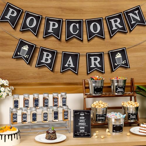 TaoBary 34 Pcs Popcorn Bar Signs Popcorn Bar Banner Decoration Supplies Black Chalkboard Edition Bucket Label Desktop Stand Seasoning Labels Stickers Birthday Wedding Party Accessories