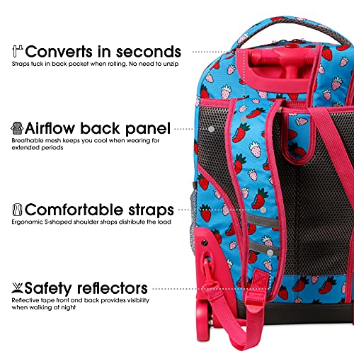 Image of J World Sunrise Kids Rolling Backpack with Wheels for Girls Boys, Roller Bookbag for School, 18 x 13 x 9 Inches, Strawberry