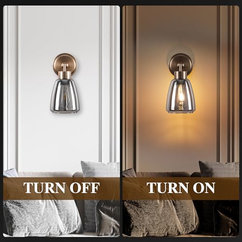 Image of Smoked Gray Glass Wall Light Dia 6 inch Wall Lamp with Glass Shade Vintage Vanity Lighting Fixture with Metal Base Flush Mount Wall Sconce 1-Light for Bathroom, Bedroom, Bedside, Entryway