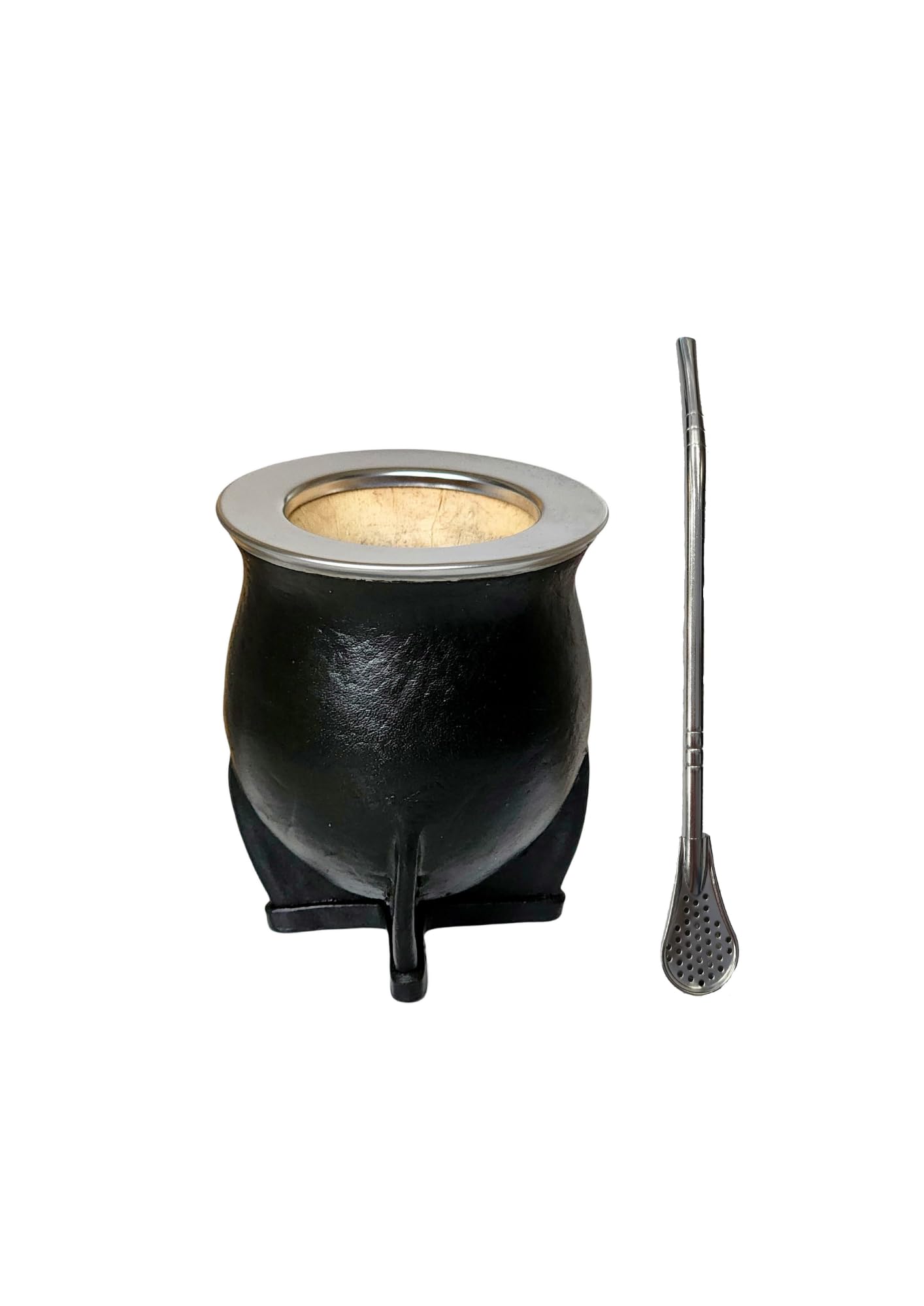 Taza Mate Argentino Hecho de Calabaza Natural - Mate de Calabaza con Exterior de Cuero Negro y Borde Liso de Acero Inoxidable - Incluye Bombilla