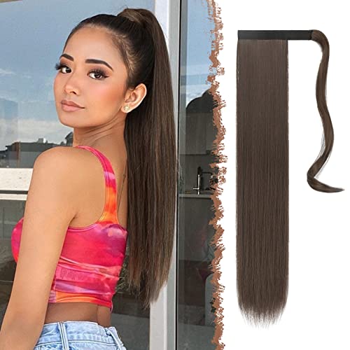 FESHFEN Cola de Caballo Extensiones 70 cm Largo Liso Postizos de Pelo Natural Sintética Ponytail Extensiones de Cabello Coleta Postizos para Mujeres, Marrón Castaño