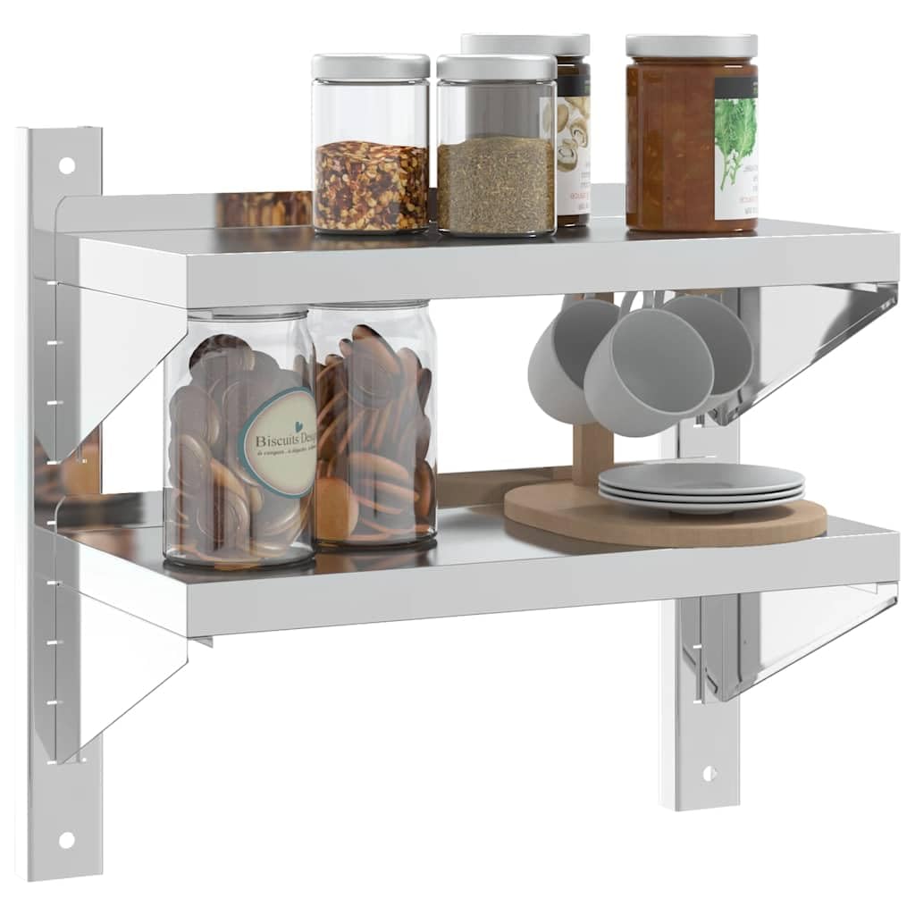 Estantería de pared de acero inoxidable con 2 estantes, 50 x 23,5 x 48 cm, estante de cocina, estante flotante de metal con superficie cepillada, para restaurante, cocina, garaje y lavandería