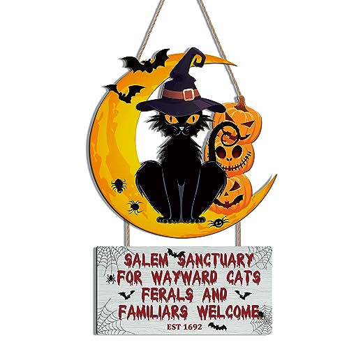 KAIRNE Vintage Halloween Decorations,Black Cat Sign Bat Wooden Plaques,Halloween Welcome Front Door Signs,Spiderweb Witch Hat Wood Hanger Halloween Pumpkins Party For Home, Outdoor Walls, Doors Decor
