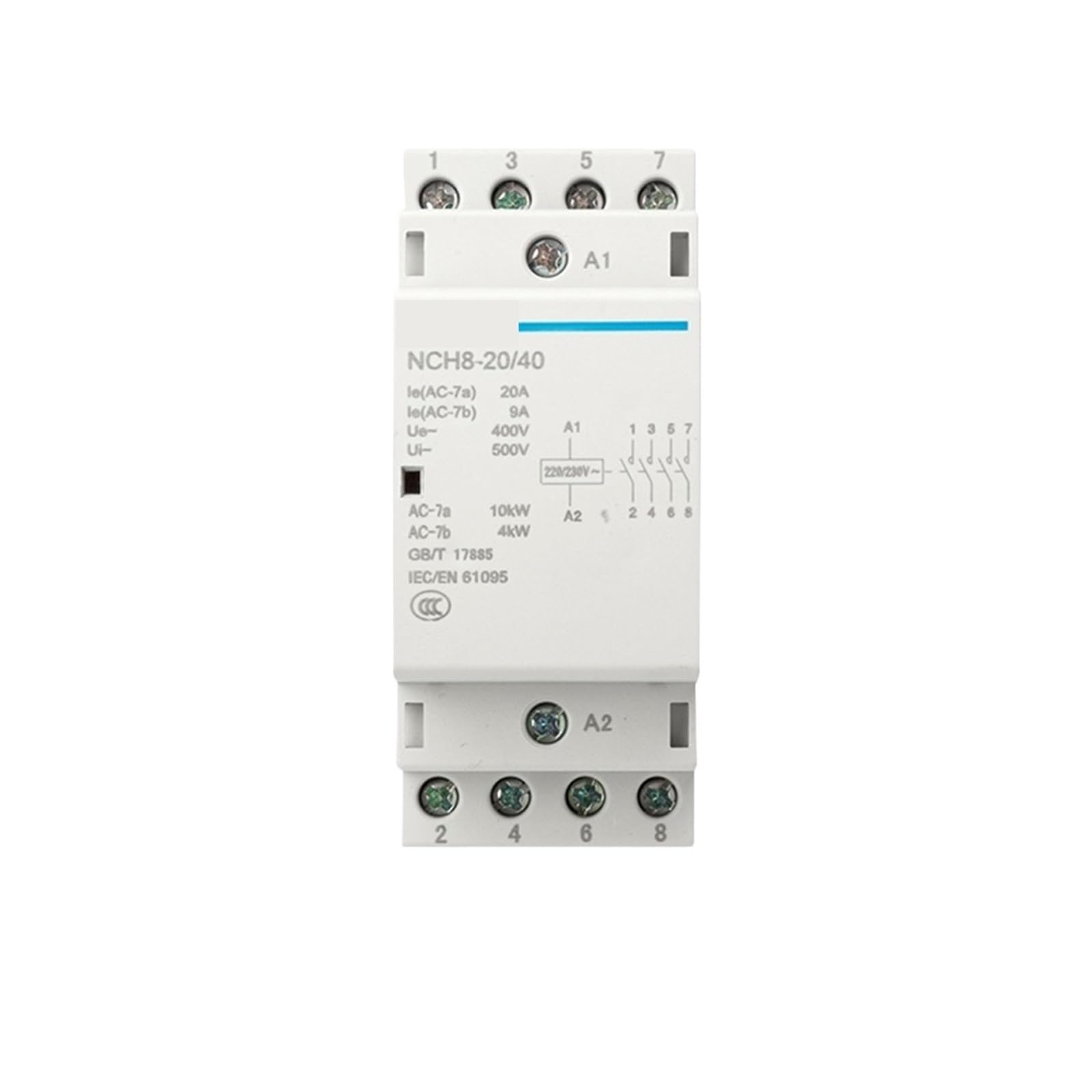VDTOUJRDF 1pcs NCH8 4 Pole 3-Phase Din Rail Household AC Contactor 220V 500V~ 20A/25A 4NO/2NO 2NC(Nch8-25a-22 2no 2nc)