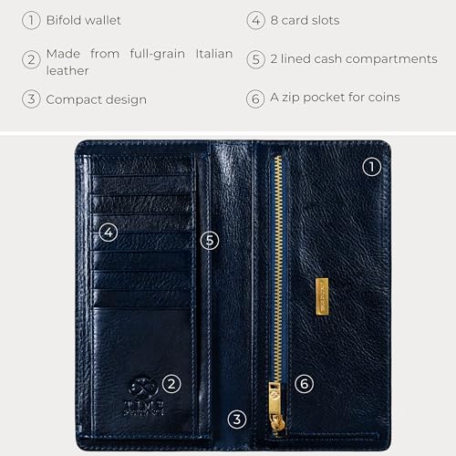Image of Time Resistance Long Leather Wallet - Bifold Mens Suit Leather Wallet - Checkbook Wallet - Tall Billfold Card Wallet - Slim Wallet Made in Italy (Blue)