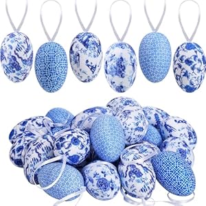 Wenqik 24 Pcs Easter Hanging Egg Chinoiserie Blue and White Egg Tree Ornament Chinoiserie Decoration for Tree Easter Party Spring Basket Filler Home Decoration