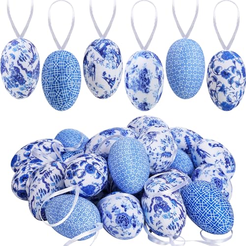 Wenqik 24 Pcs Easter Hanging Egg Chinoiserie Blue...