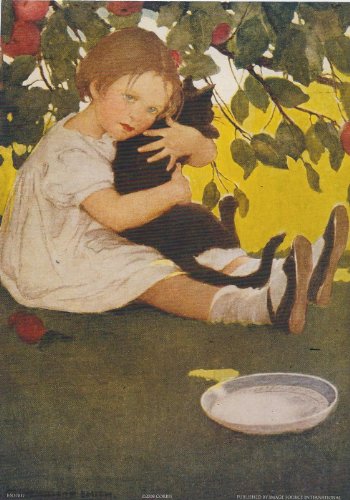 buyartforless Child Hugging Cat 5x7 Card Art Print Poster Juvenile Black Cat Vintage Retro Apple Tree