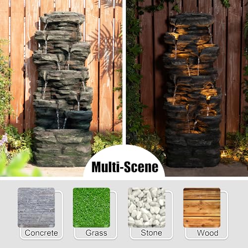 Image of Glitzhome Outdoor Water Fountain, 9-Tiered Rock Floor Fountain with Cascading Water, 39.25 inch H Polyresin Waterfall Fountain with Pump and LED Light Outdoor Water Feature for Garden Yard Patio Porch