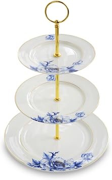 Porlien Gold Trimmed Blue Floral 3 Tier Cake Stand, Dessert Stand, Cupcake Stand