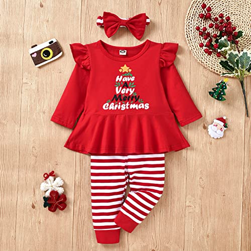 Image of HIHA Infant Toddler Baby Girl Christmas Outfit Ruffle Long Sleeve My First Christmas Dress Pants Clothes Set Plaid Santa Baby