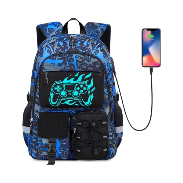 School Backpack for Boys - Gamer Boys Backpacks for Kids Teens Elementary Middle High School,18″ Large Capacity Students Bookbag with Usb Charging Port