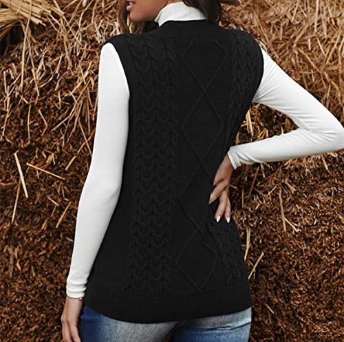 Image of Women's Sweater Vest,Long Cable Loose Knitted Sleeveless V Neck Casual Sweaters Tank Top S~XL