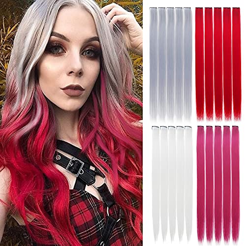 Clip in Hair Extensions Highlights Straight Long Hairpiece Hair Accessories for Girls Women Kids Doll Hair Pieces Colored Wigs Pieces 20 Pack 20 Inches（Gray，White，Red ，Rose red）