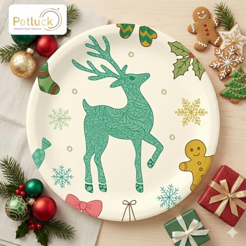 Image of Potluck Festive Celebrations Disposable Paper Plates | Pack of 10 | 9 Inch Food Grade Plates for Parties, Events, Snacks, Christmas, Birthday, Animal Theme Party, Kids Party & Meal Serving Pack