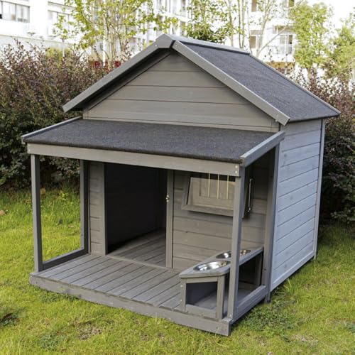 Pisipe 犬小屋屋外用ドッグハウス ナチュラル木製 防雨加工 四季対応 愛犬用 屋外室内兼用 頑丈 保温 大型犬 中型犬 ペットベッド (屋上バルコニーユニット + ドッグボウル)