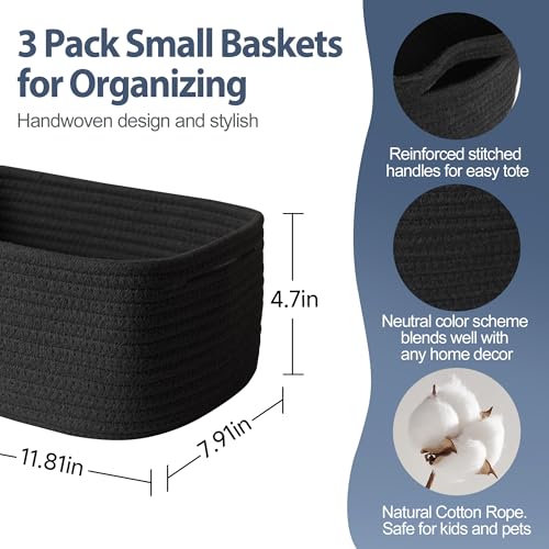 Image of MEGASKET Small Shelf Storage Baskets for Organizing, 3 Pack Mini Woven Storage Bins for Dog Toy, Book, Decorative Cotton Rope Nursery Closet Organizer, Gift Baskets Empty, 11.8 inchx7.9 inchx4.7 inch, Black
