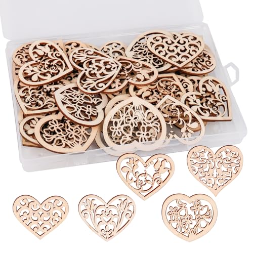 FRUHLING 50 corações de madeira para decoração de casamento, corações de madeira para artesanato, coração de madeira, discos para artesanato, decoração de mesa, 53 mm