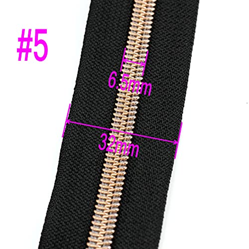 Image of #5 Rose Gold Metallic Nylon Coil Zippers by The Yard Bulk 10 Yards Black Tape with 25pcs Rose Gold Sliders for DIY Sewing Tailor Craft Bag Leekayer(Black)